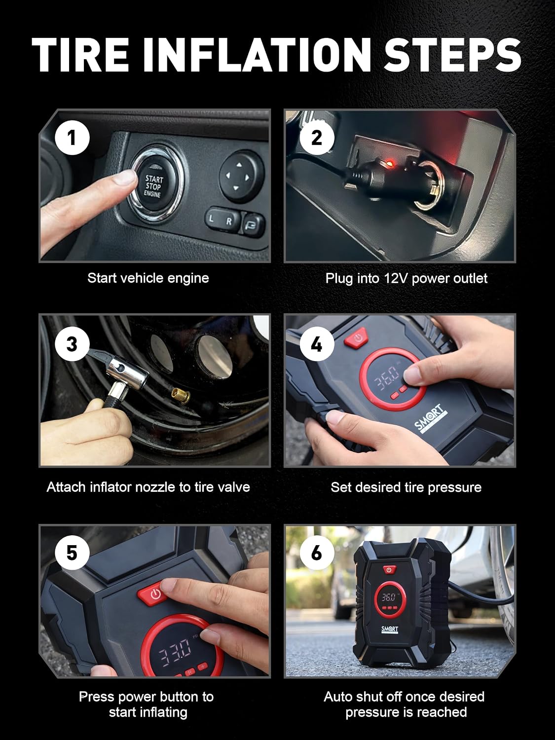 Portable Tire Inflator for Car, 12V Air Compressor, Max 100 PSI