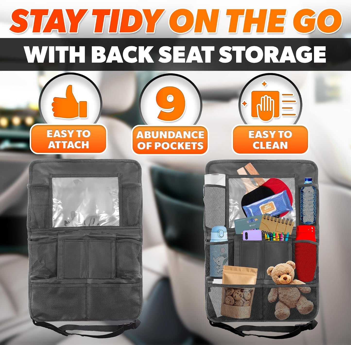 2 Pcs Backseat Car Organizer - Travel-Ready 23.4x16" Back Seat Car Organizer with 9 Large Pockets and Clear Tablet Holder, Made from Polyester with Adjustable Straps - Easy to Attach and Clean