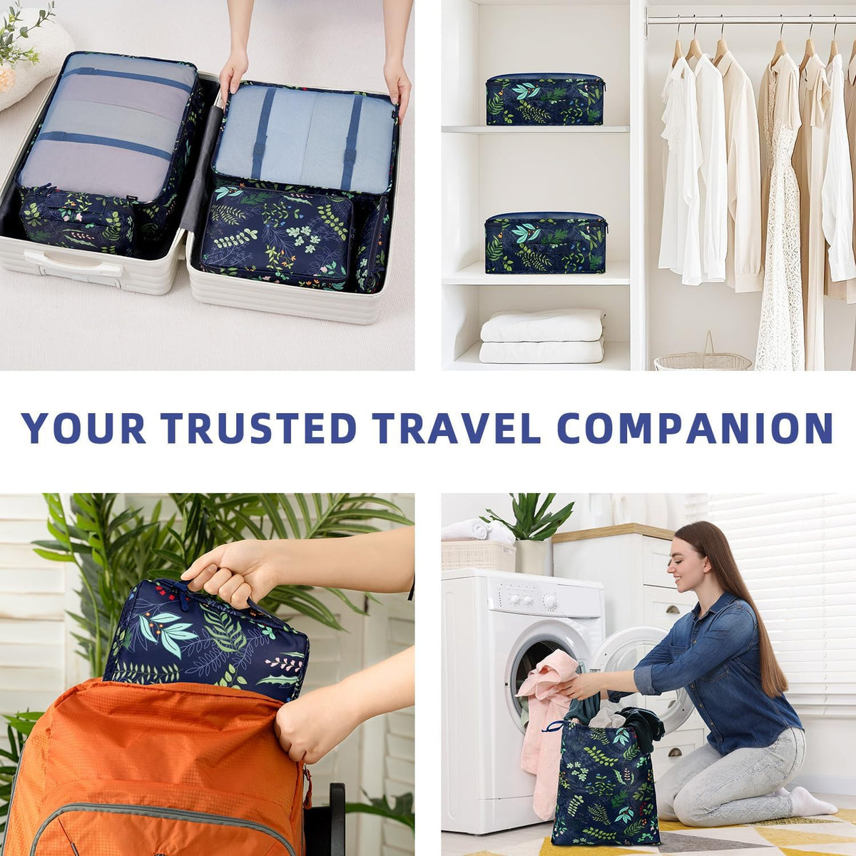 BAGAIL 8 Set Packing Cubes Luggage Packing Organizers for Travel Accessories-Navy Leaf
