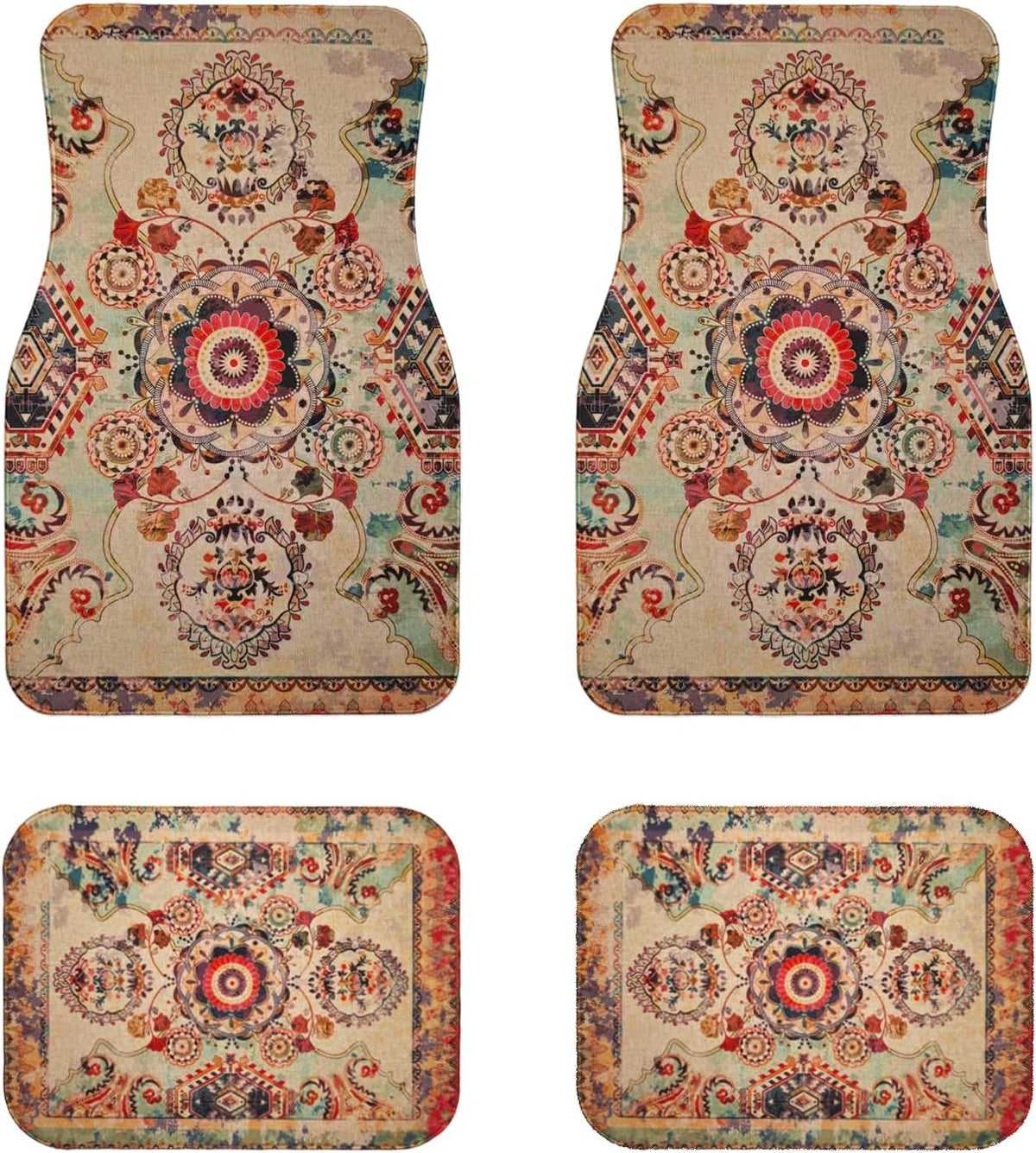 Luxury Car Floor Mats Full Set | Car Decor for Men Women | Vintage Oriental Pattern | Heavy Duty All-Weather Universal Rubber Liners | Non-Slip & Odor-Free