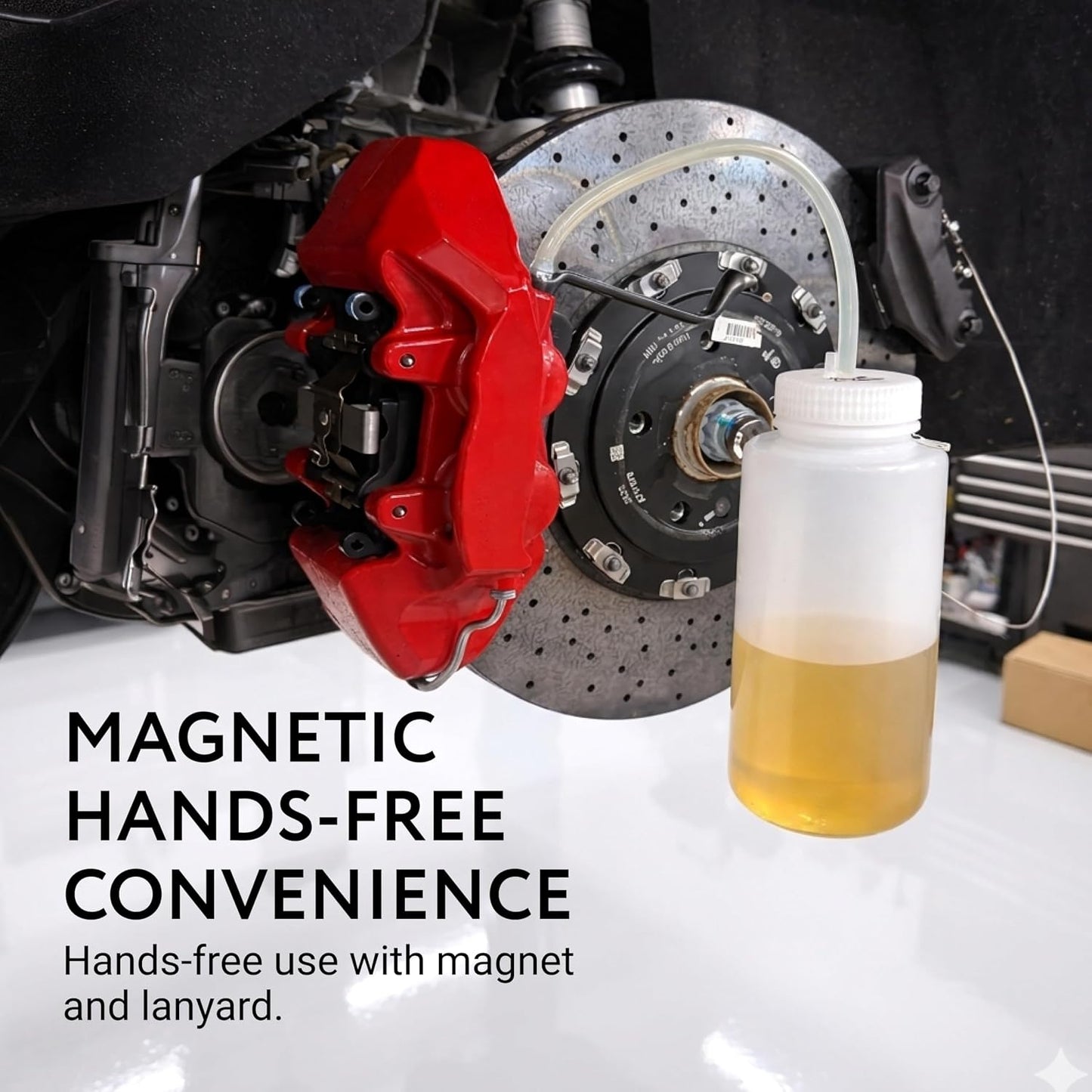 Mission Automotive Brake Bleeder Kit - 16 Oz, White - Brake Fluid Bleed Kit & Magnetic Bleeder Bottle with Lanyard