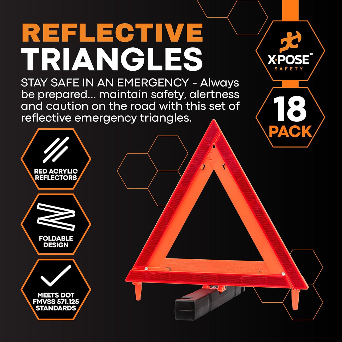 Xpose Safety Reflective Emergency Triangles – 18 Kits (54 Triangles) – DOT Approved Roadside Car Safety Warning Reflectors – Red & Orange Automotive Vehicle Hazard Visibility Markers