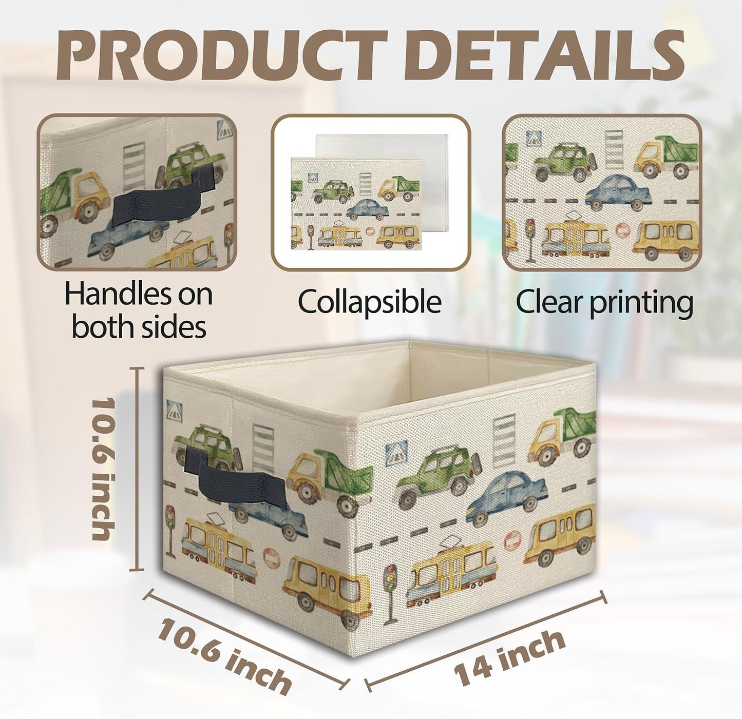 Car Boy Foldable Storage Bins Box with Handles, Transport Vehicles Collapsible Toys Books Clothes Organizer Basket for Kids Boys Toddler Bedroom Bathroom Nursery