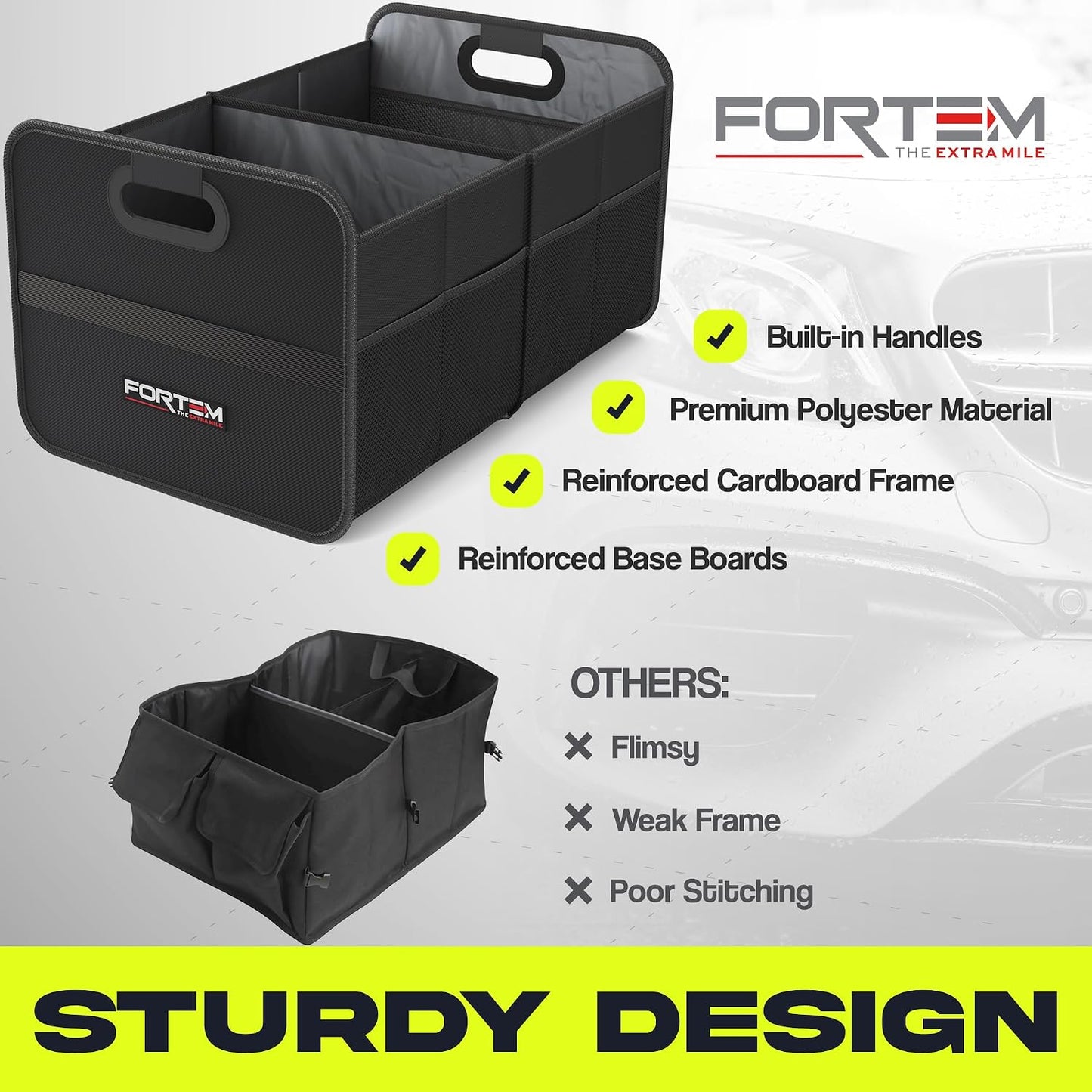 FORTEM Car Trunk Organizer, Collapsible Two Compartment Organizer, Foldable SUV & Truck Storage for Car Accessories for Women Men, Non Slip Bottom, Sturdy Side Walls, Strong Handles, 45L