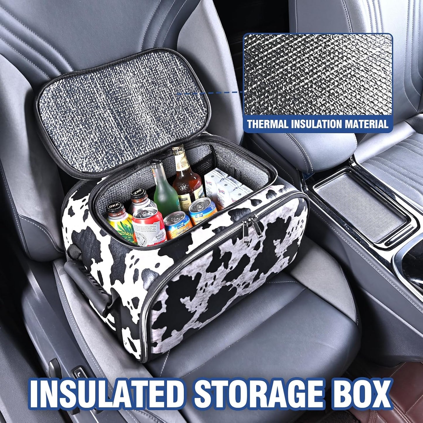 Cow Print Insulated Cooler Bag for Car, Multi-Mode Portable Thermal Lunch Cooler Tote, Reusable Thermal Storage Bag for Drinks, Snacks & Food, Ideal for Car Seat, Trunk, Road Trips & Travel