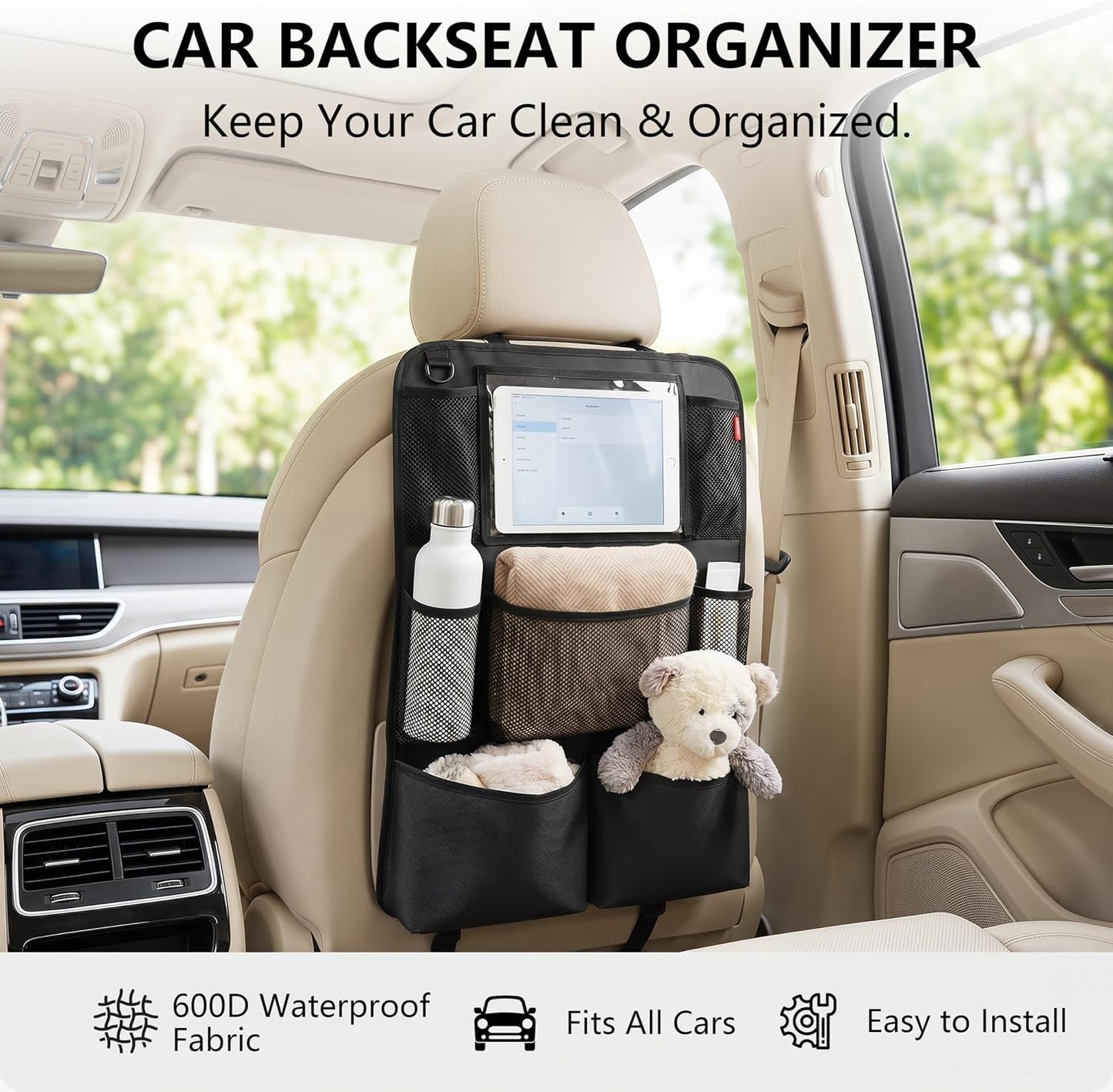 Backseat Car Organizer, backseat car organizer with 9 Pockets & Tablet Holder, Kick Mats for Car Seat Storage and Organization, 2 Pack, Black—Perfect for Travel.
