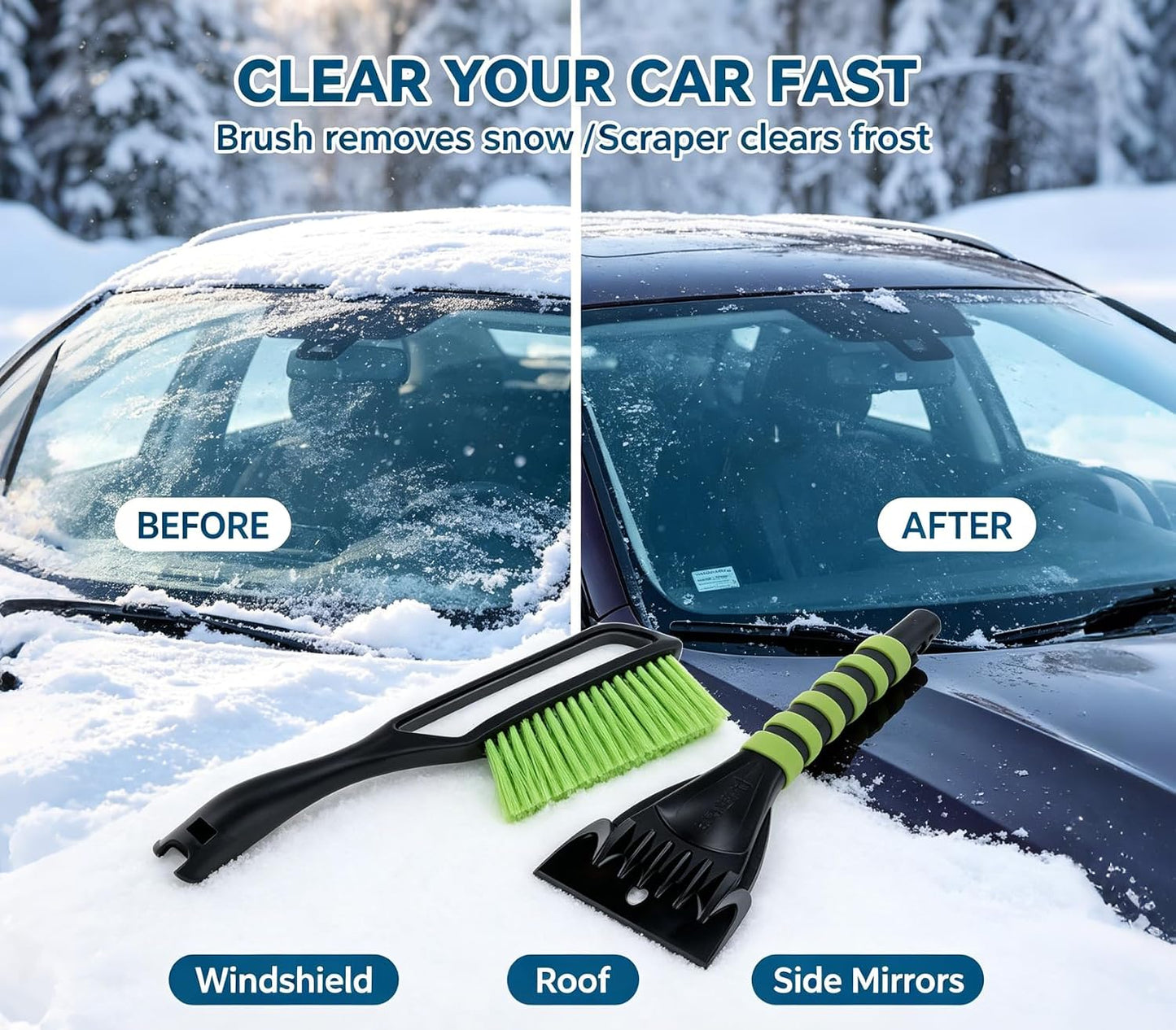 2 Pack Car Snow Removal Kit, Includes 2 Ice Scrapers + 2 Snow Brooms, 14 Inch Dual-Head Winter Car Snow Brush Set with Storage Pouches for Car Windshield Roof Snow Clearing