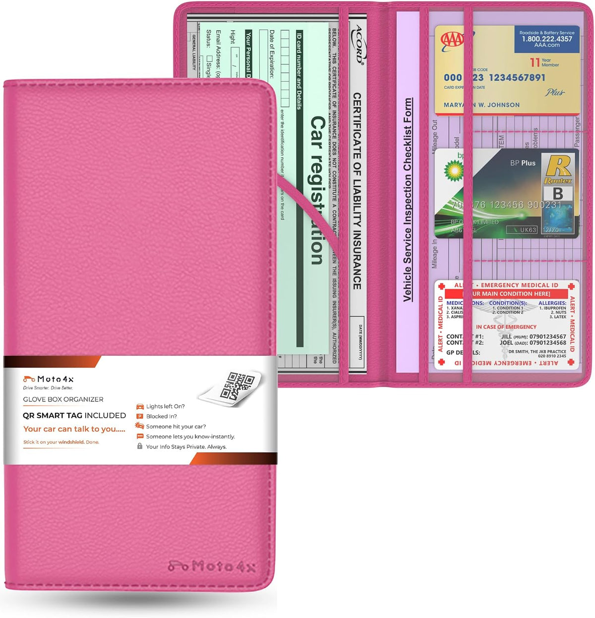 Car Registration and Insurance Card Holder, Pink Premium PU Leather Folder