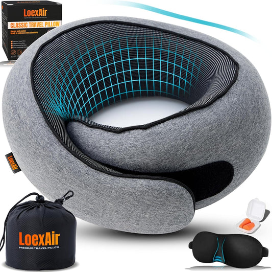 LOEXAIR™ Travel Pillow, Neck Pillow Travel for Airplane, Car - 100% Cotton Fabric & Memory Foam Plane Pillow, Lightweight & Easy-to-Carry on Flight, Full Travel Set (Eye Mask, Earplugs) - Light Grey