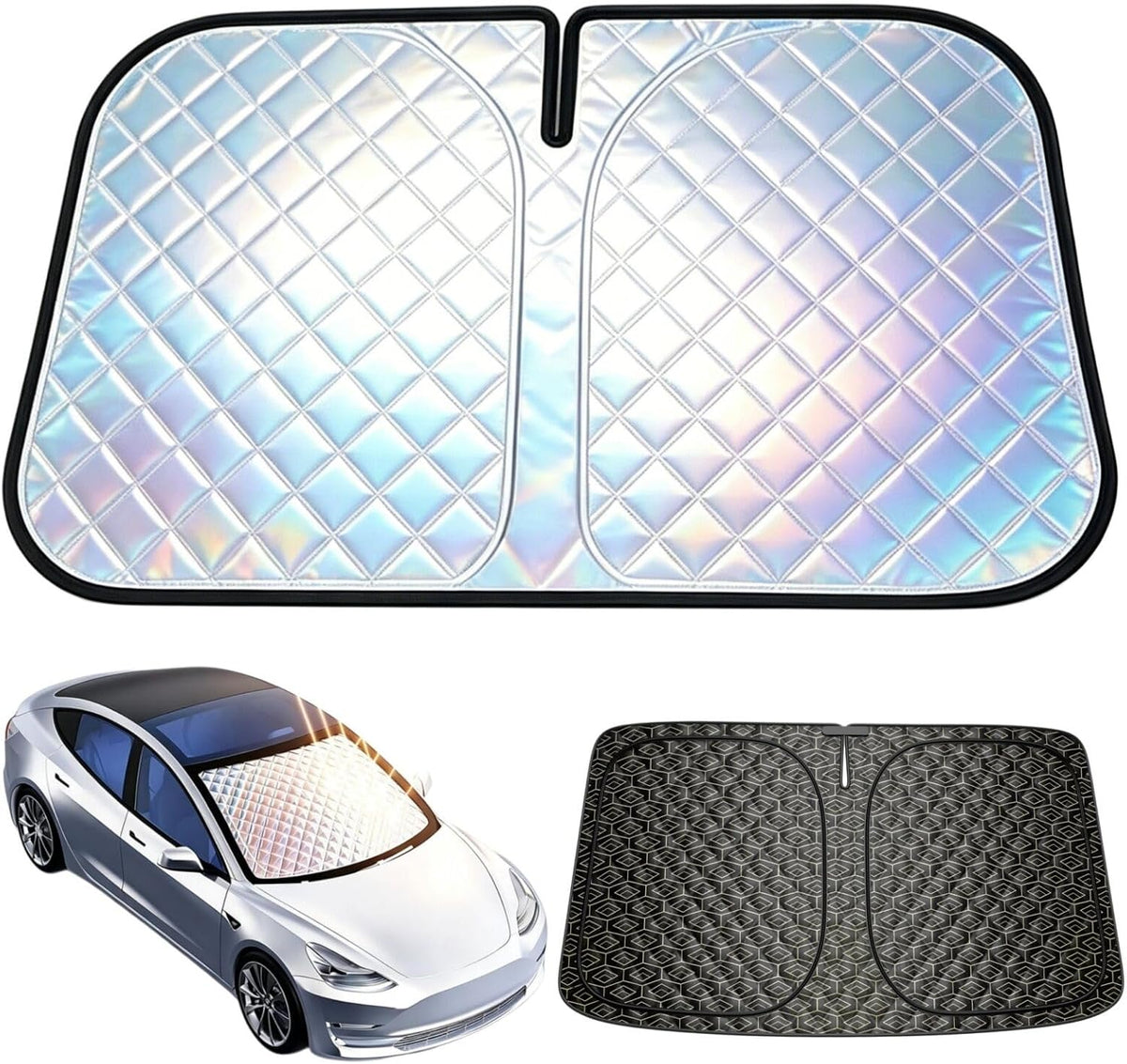 Foldable Windshield Sunshade for 2016-2026 Tesla Model 3 / Model Y | 5-Layer Laser Reflective Sun Shade | UV Protection Heat Shield Front Window Cover | Keeps Interior Cool & Protects Dashboard
