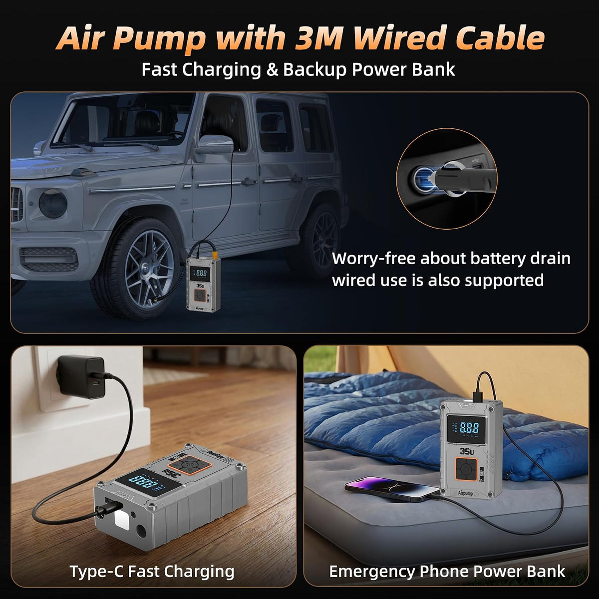 Portable Air Compressor Tire Inflator, 150 PSI Car Tire Air Pump, 6000mAh Digital Display Cordless Tire Inflator for Car Tires, Portable Tire Inflator for Motorcycles, Bikes, Car Accessories