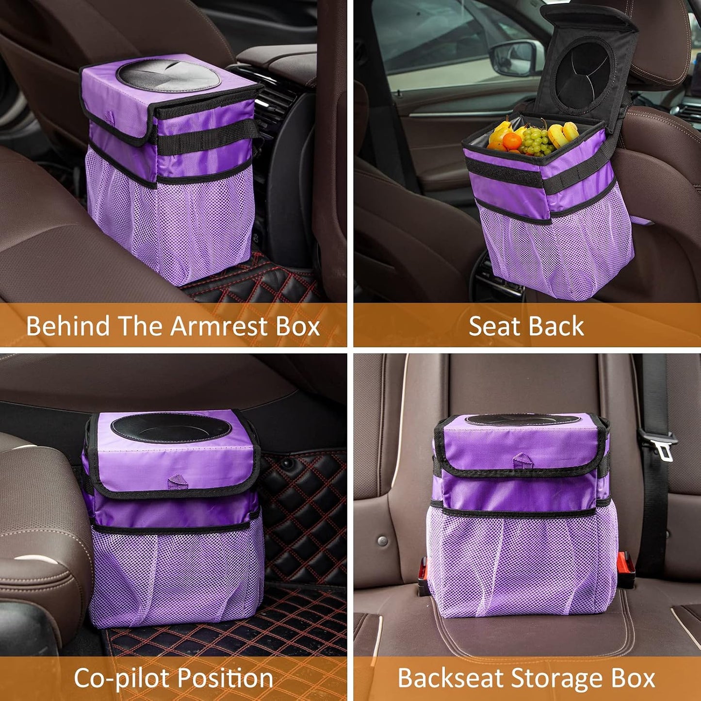 Car Trash Can Foldable Garbage Bin Leakproof 2.3 Gallons Car Trash Bag Purple