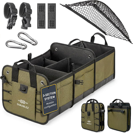 Heavy Duty 3-Section Trunk Organizer – Extra Large Collapsible &amp; Foldable Cargo Box, Modular Car Storage System for SUV, Truck, Van – Green