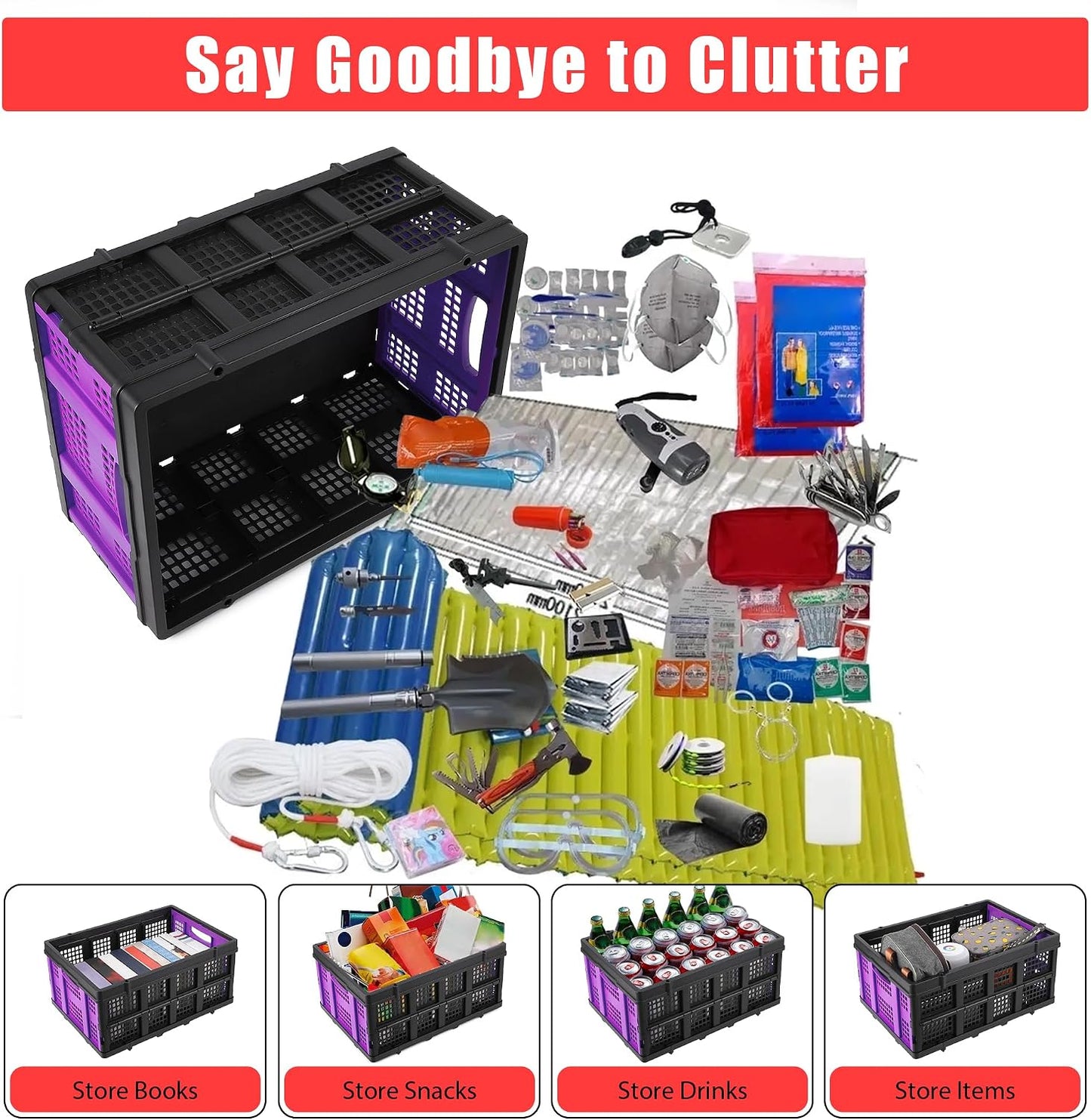 55L Closet & Home Organizer Box, Collapsible Storage Crates Stackable, Folding Plastic Baskets for Clothes and Toys, Space-Saving Utility Containers, Purple