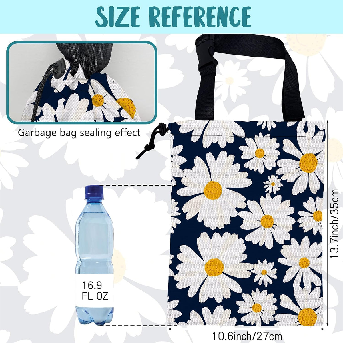 Car Trash Bag Chamomile Flower Hanging Drawstring Car Organizer and Storage Bag with Adjustable Buckle Canvas Garbage Bin for Back Seat or Hanging Headrest Car Decor Road Trip Essentials
