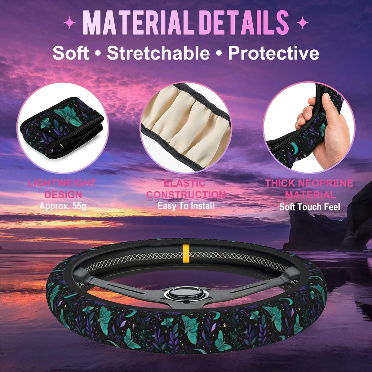 Mystical Luna Moth Steering Wheel Cover for Women Men Neoprene Breathable Moon Botanical Wheel Cover Protector Anti-Slip Car Accessories Universal 15 Inch Fit for Cars Trucks Vehicles