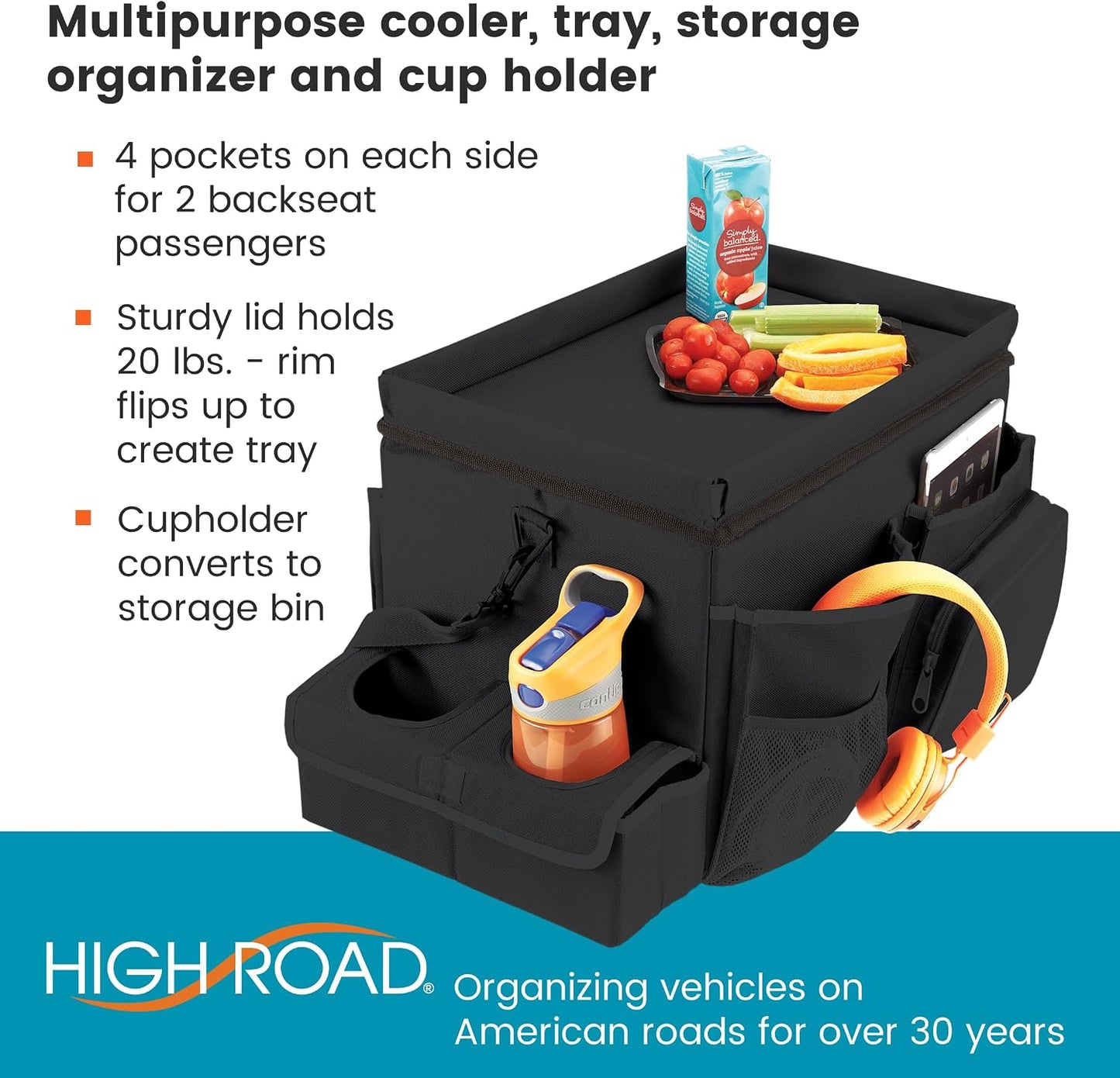 High Road CarHop Front Seat Car Organizer with Car Cup Holder, Passenger Seat Tray and Padded Filing or Cooler Compartment with Side Pocket Storage