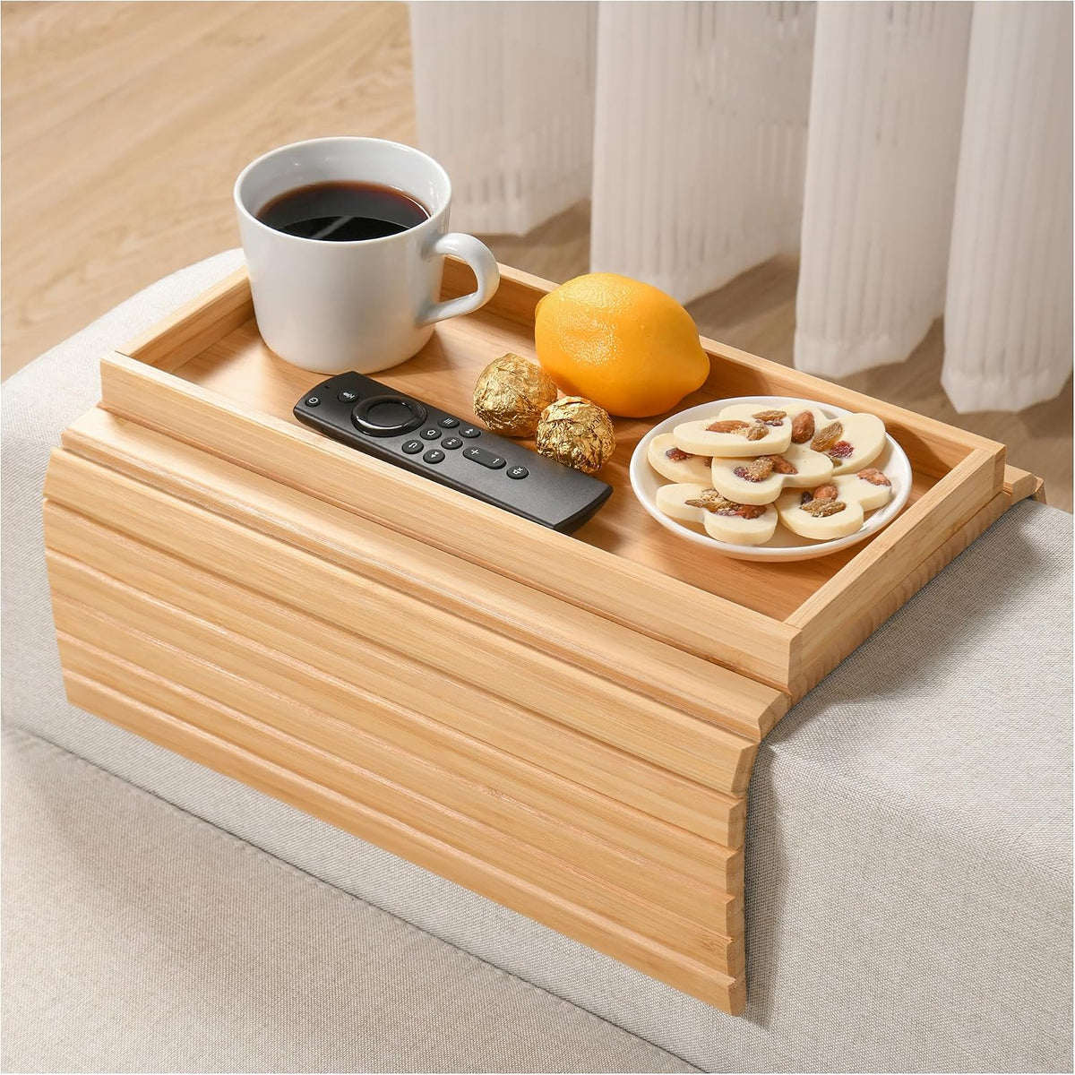 Bamboo Sofa Arm Tray, Anti-Dropping Couch Arm Tray, Foldable Sofa Armrest Tray Couch Arm Table for Eats, Drinks, Snacks, Remote, Cellphone, Cup Holder, Back Anti-Slip Pad Design