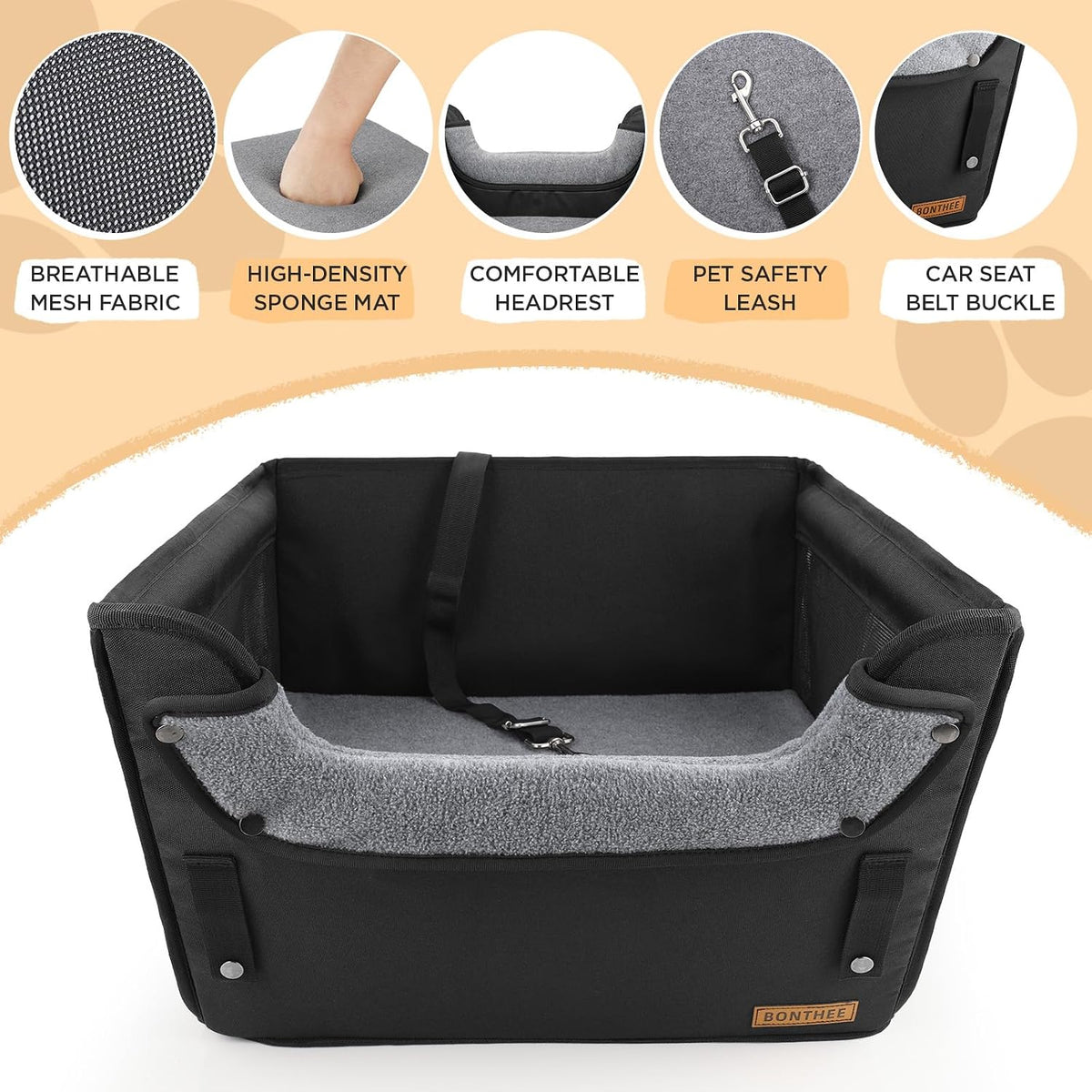 BONTHEE Elevated Dog Car Booster Seat for Dogs &amp; Cats up to 35LB, 6-Inch Memory Foam Pet Booster Seat, Side Breathable Mesh,Portable Travel-Safe Bed for Cars,Elevated Car Seat for Small Medium Dogs
