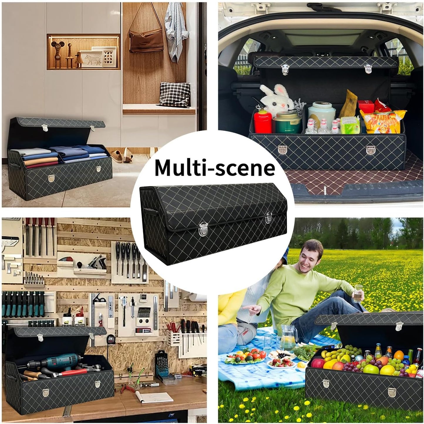 Car Trunk Organizer with Lid,Foldable Faux Leather Cargo Storage Box,3 Compartments,Collapsible Multi-Functional for SUV,Sedan,Vehicle Trunk