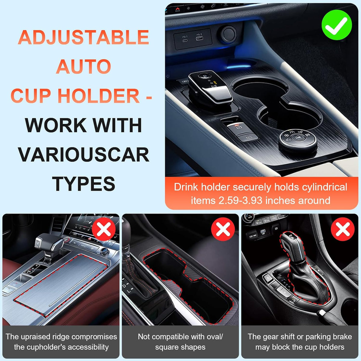 2-in-1 Car Cup Holder Expander, Upgraded Cup Adapter for Car with Offset Option,Phone Holder - Adjustable Base,Versatile Car Accessories Fits Yeti,Hydroflask & Large Water Bottles in 2.2"-4.2" (Black)