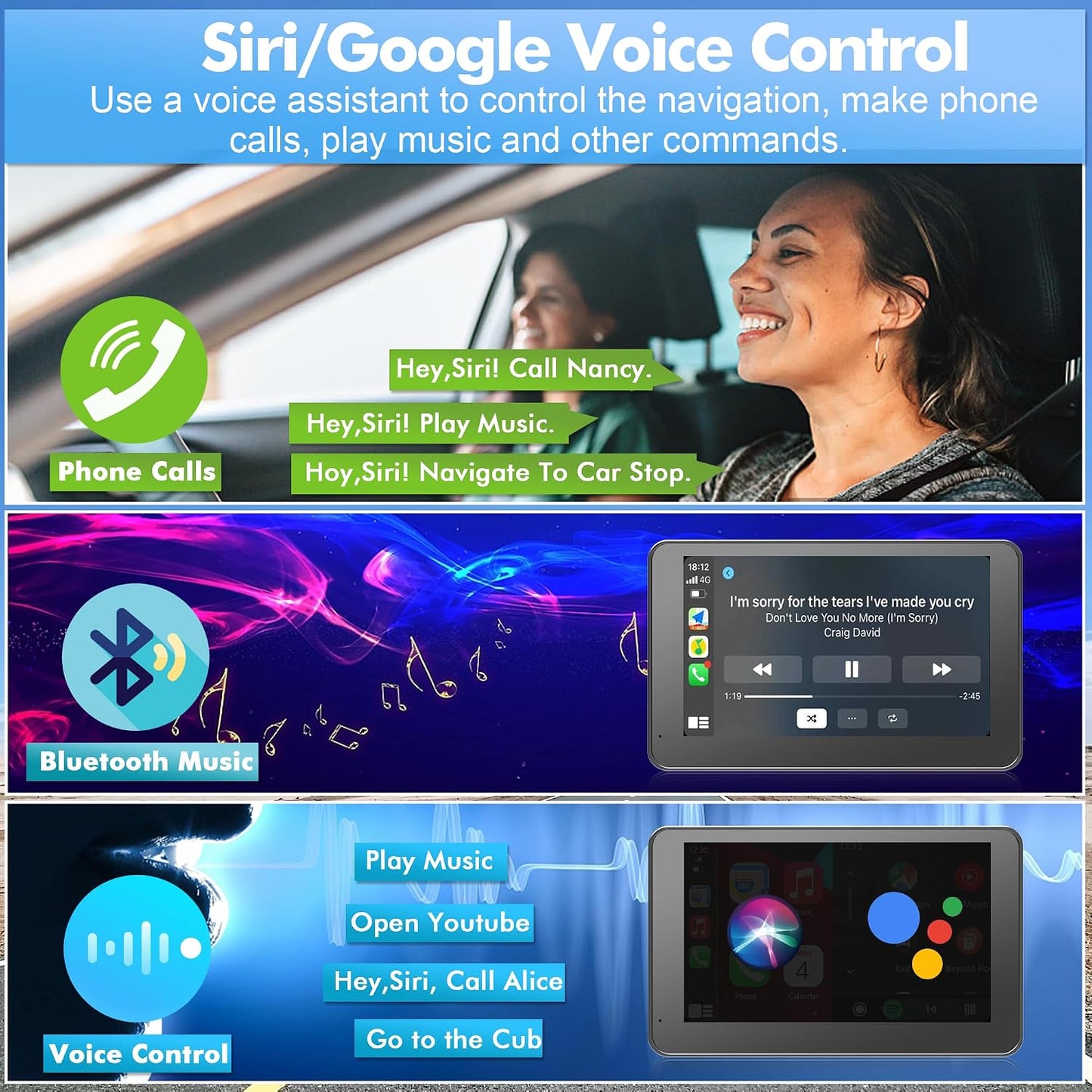 Wireless CarPlay Screen for Car, 7" HD Portable Stereo Touchscreen with Apple CarPlay & Android Auto, CarPlay Screen with Backup Camera, Mirror Link, Bluetooth, Navigation for All Vehicle