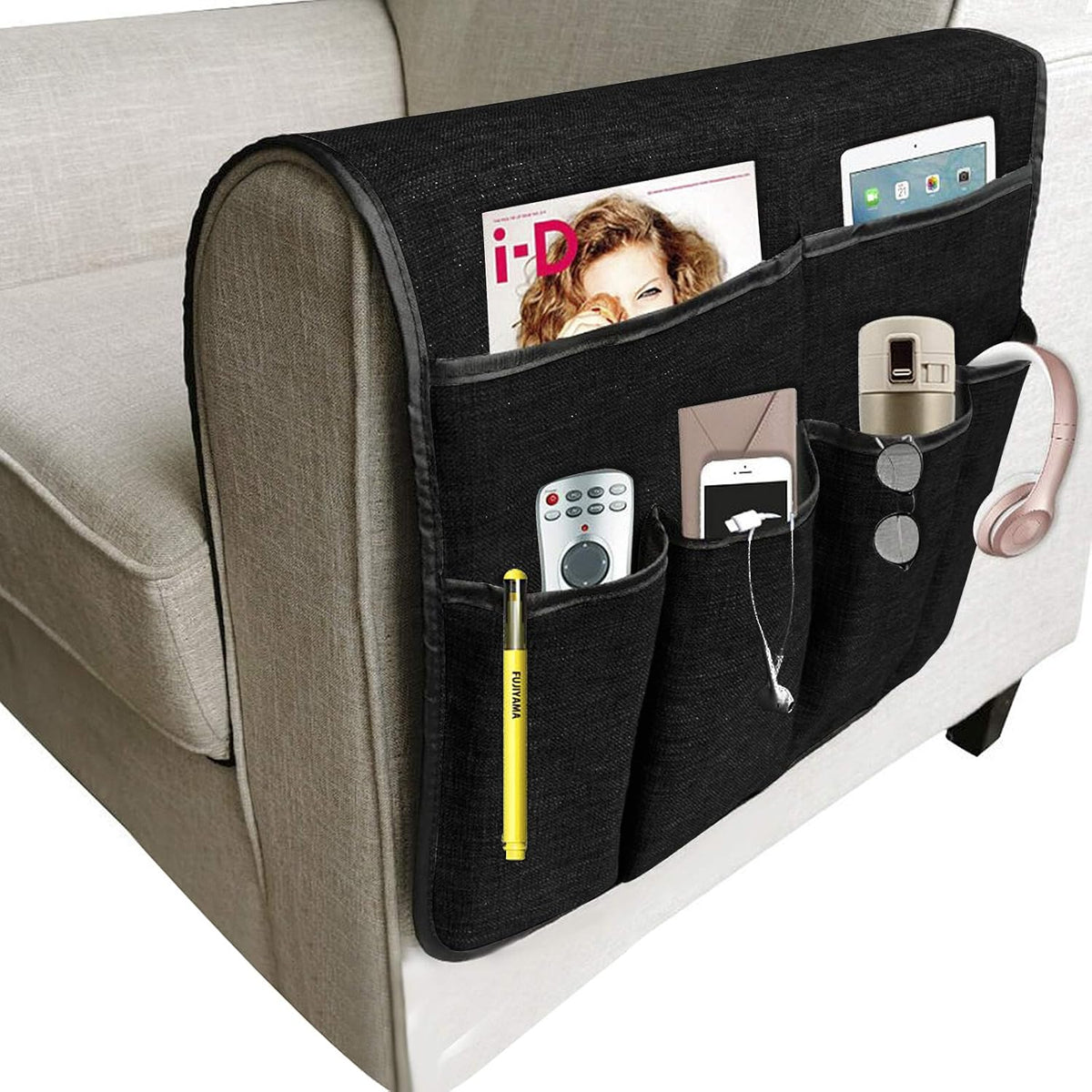 IPENNY Cotton Linen Sofa Couch Remote Control Holder Chair Armrest Caddy Pocket Organizer Storage Bag for Cellphone Tablet Notepad Book Magazines DVD Eyewears Drinker Snacks Holder Pouch