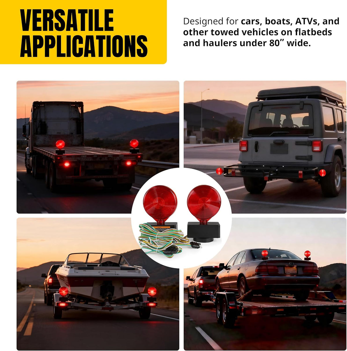 MAXXHAUL 12V Magnetic Towing Light Kit – Dual Sided Red Brake & Amber Flasher – For RVs, Utility Trailers, Boat Trailers, Flatbeds and More (80778)