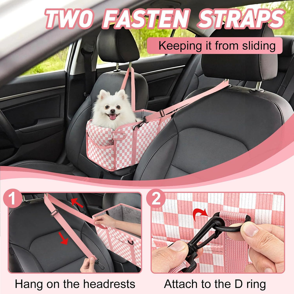 Console Dog Car Seat - Portable Dogs Armrest Booster Seat for Small Dog, Foldable Pet Car Seat with Safety Belt, Pink Checkered