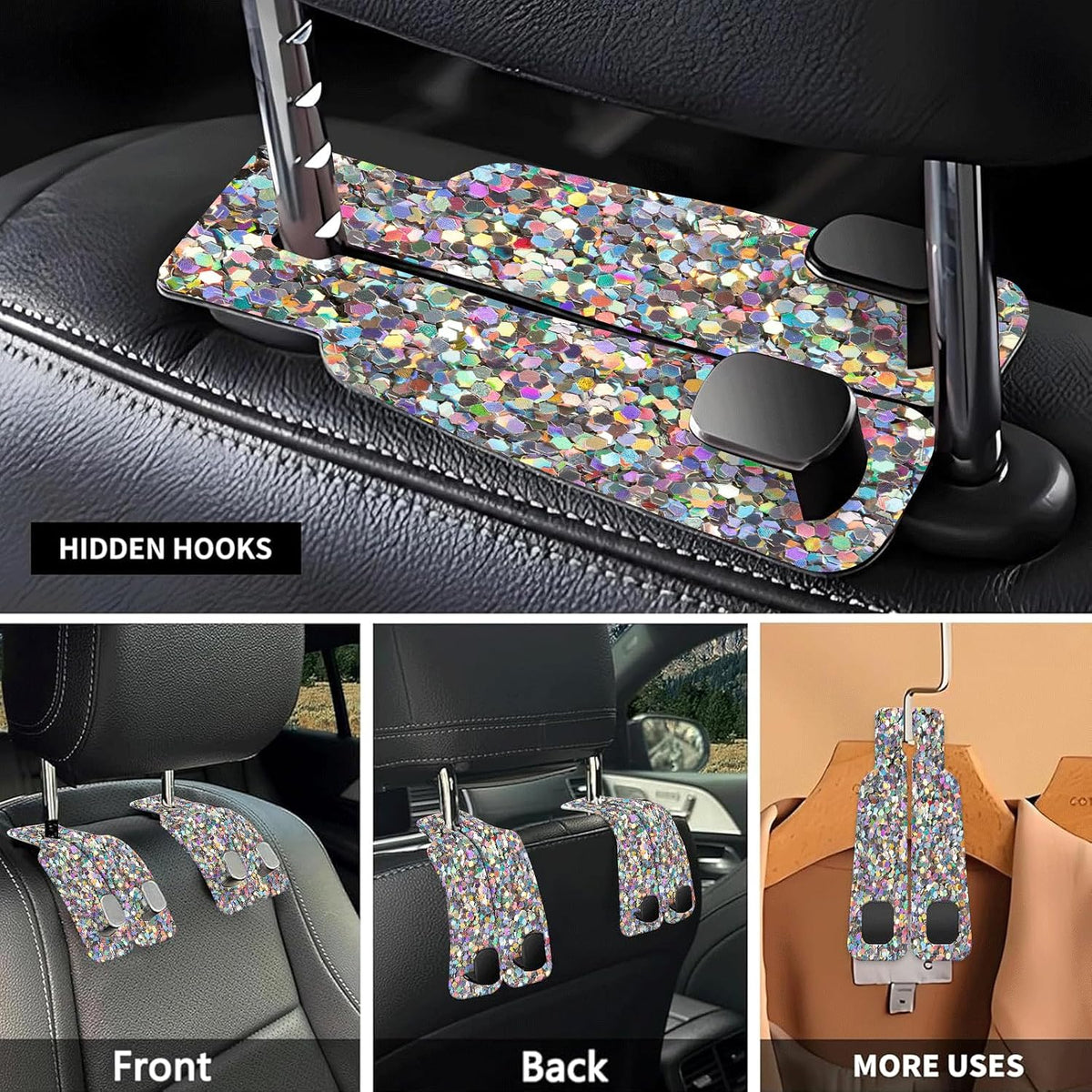 Car Seat Headrest Hook, Universal Leather Cute Hanger Holder Hook, Storage Organizer Interior Accessories for Purse Bags Handbag Glitter Colorful Pattern