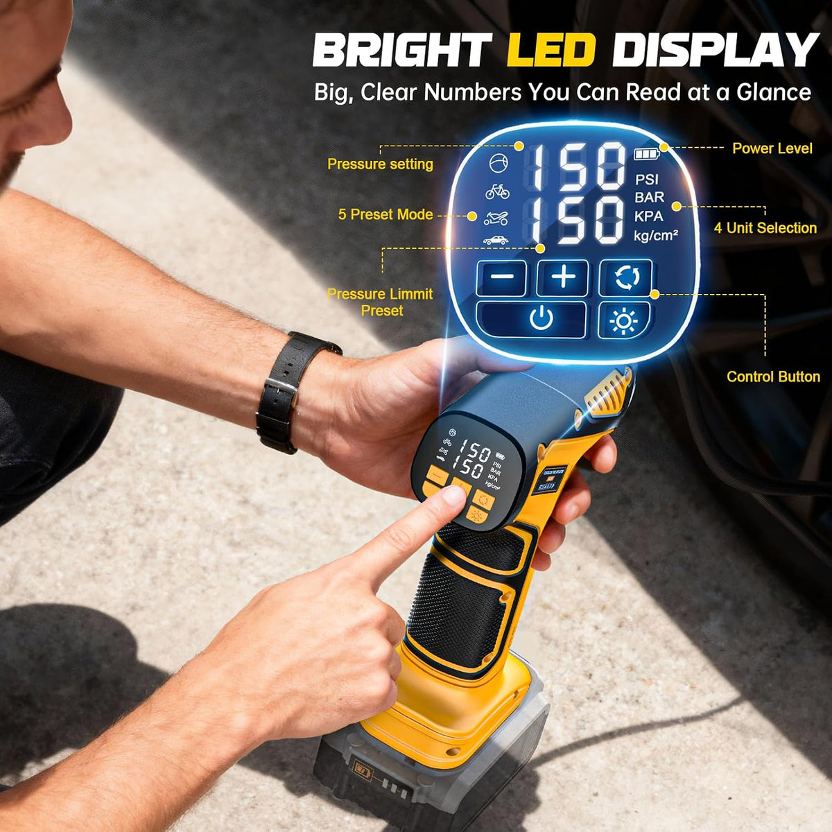 DIYtoolifz Cordless Tire Inflator Air Compressor Compatible with Dewalt 20V Battery (Tool Only), 150 PSI Portable Car Air Pump with Digital Pressure Gauge, Automatic Shut Off, LED Light