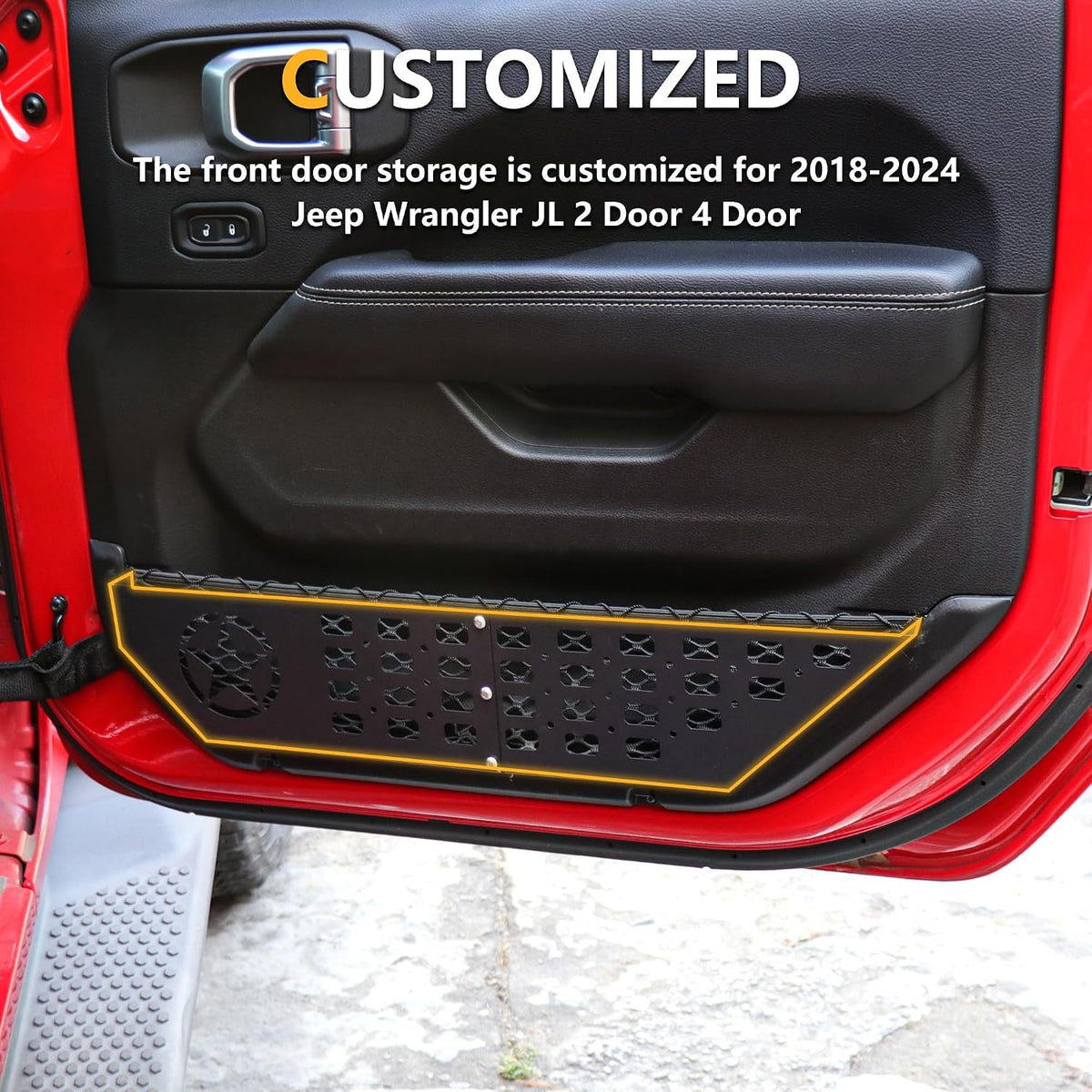 Front Door Storage Pockets Side Insert Organizer Box Compatible with 2018-2024 2025 Jeep Wrangler JL 2/4 Door 4XE Gladiator JT Interior Accessories Cup Holder Expansion Tray 1Pair Metal Star