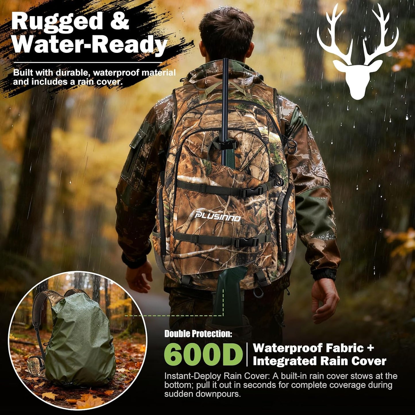 PLUSINNO Hunting Backpack for Hunting Essentials, 45L Waterproof Hunting Gear with Rain Cover, & Padded Scabbard Carry System For Deer Hunt Accessories, Hunt Gift For Men