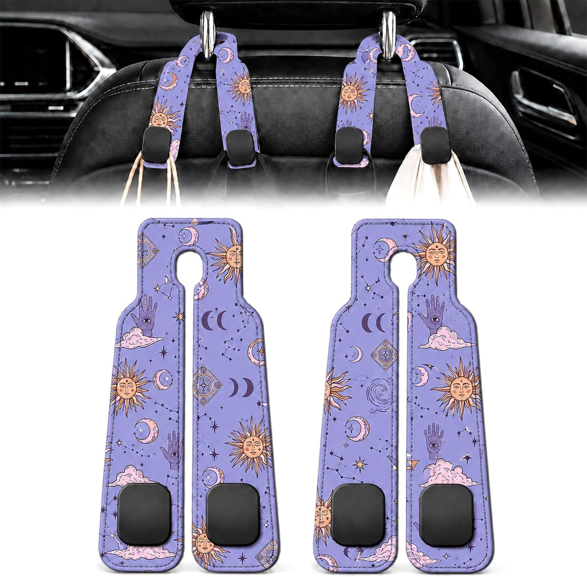 2 Pack Celestial Sun Moon Car Headrest Hooks for Purse Seat Hanger