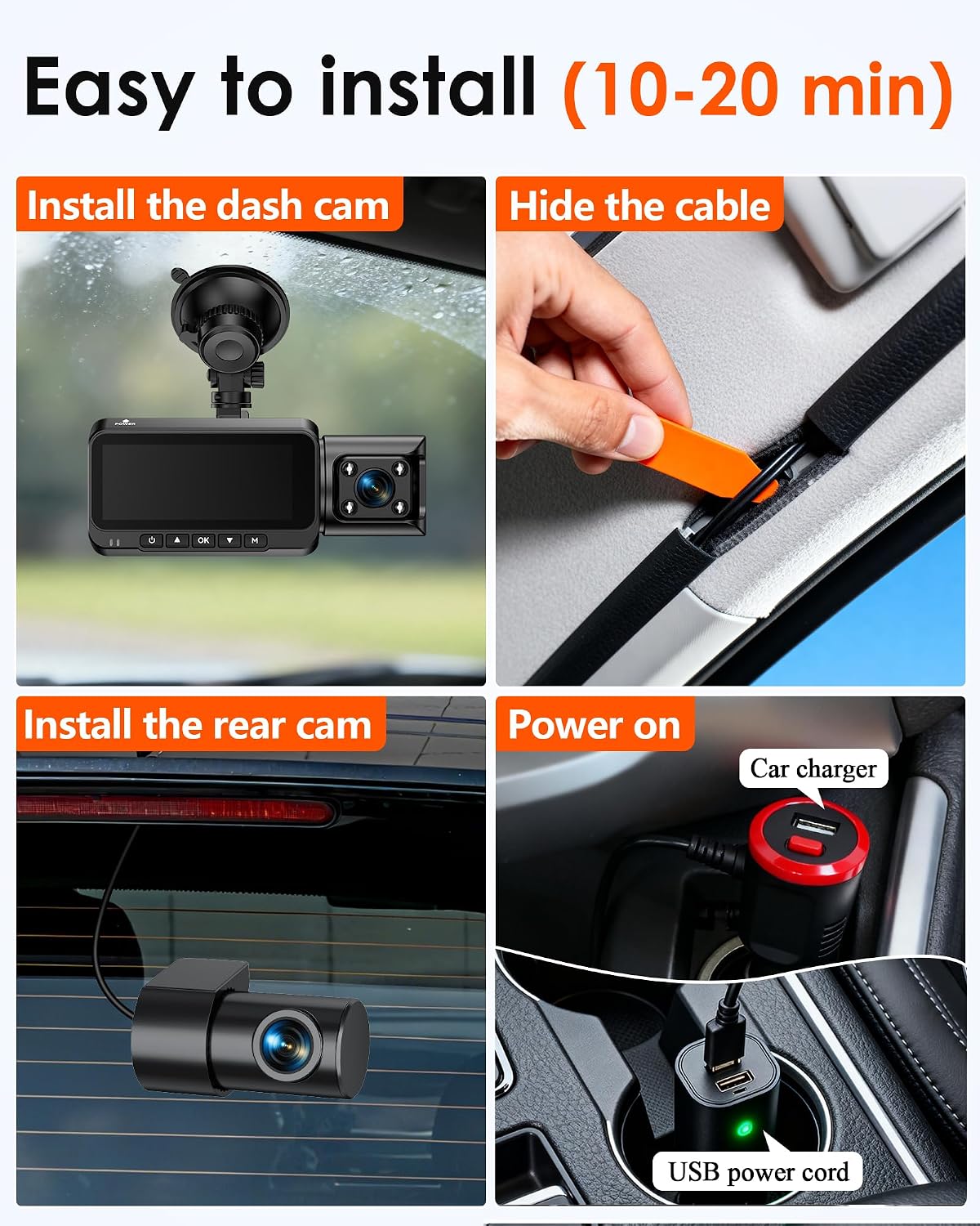 3 Channel Dash Cam, Dash Cam Front Rear Inside, Car Camera for Rideshare