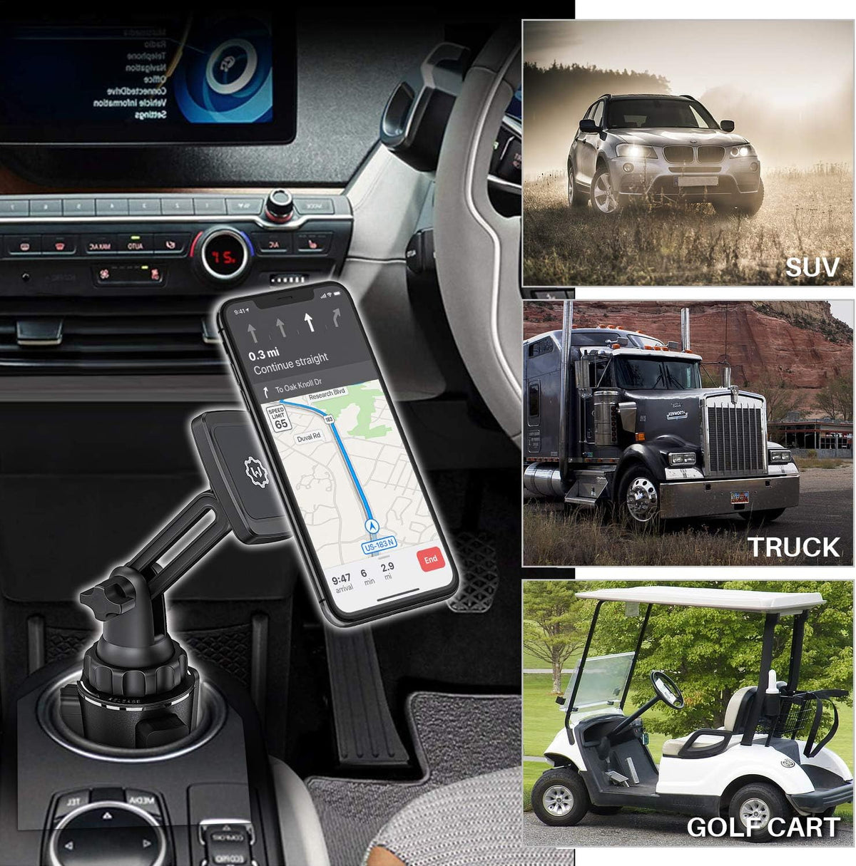 Magnetic Cup Holder Phone Mount – Universal Car Mount with Adjustable Base and Extendable Arm, Compatible with All Smartphones