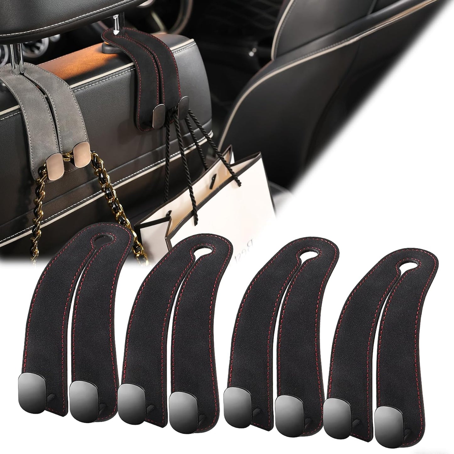 WEIHAO Purse Hook for Car Headrest, Suede Car Seat Back Storage Hook, Aluminum Twin Hooks Leather Car Headrest Hangers, Bag Holder for Sedan, Trucks, SUVs, Most Vehicles (Black-2PCS)