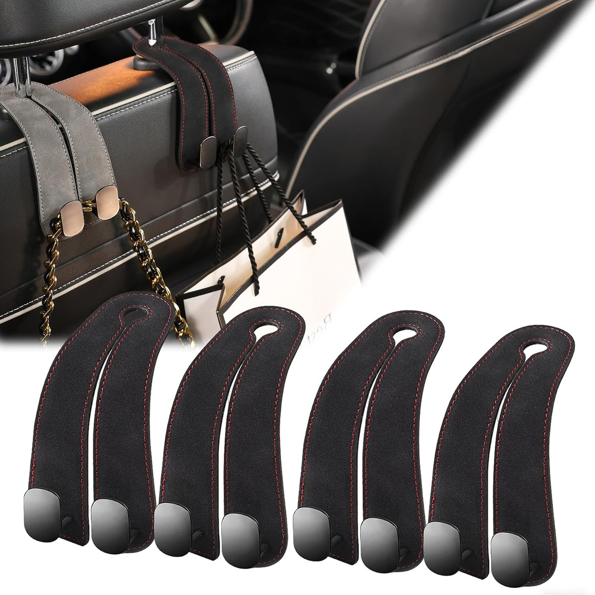 WEIHAO Purse Hook for Car Headrest, Suede Car Seat Back Storage Hook, Aluminum Twin Hooks Leather Car Headrest Hangers, Bag Holder for Sedan, Trucks, SUVs, Most Vehicles (Black-4PCS)