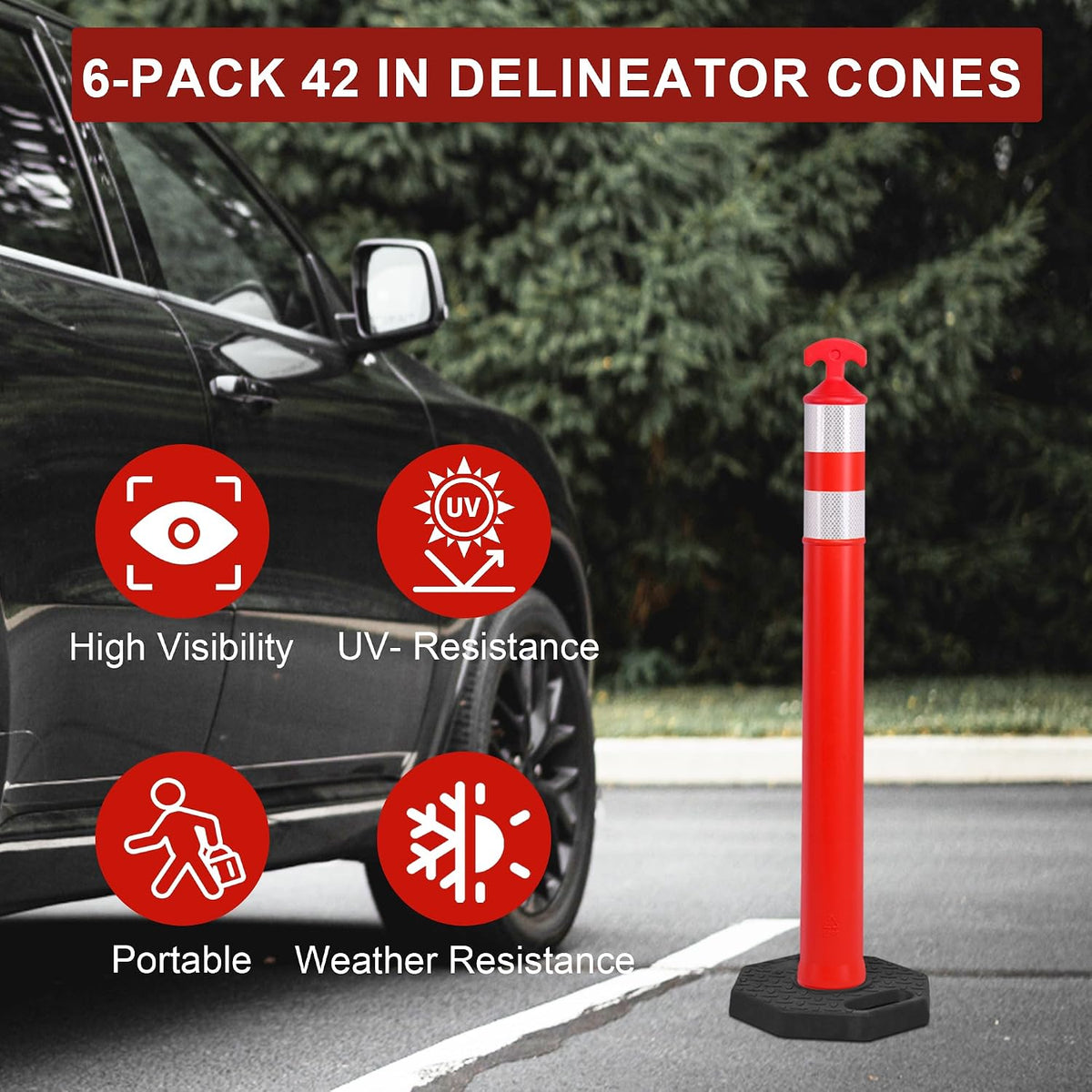 OrangeStar 42" Traffic Delineator Post Cones 6-Pack Orange Safety Cones with Heavy Duty Rubber Base for Construction, Road Work, Parking Lots, Warehouse and Events