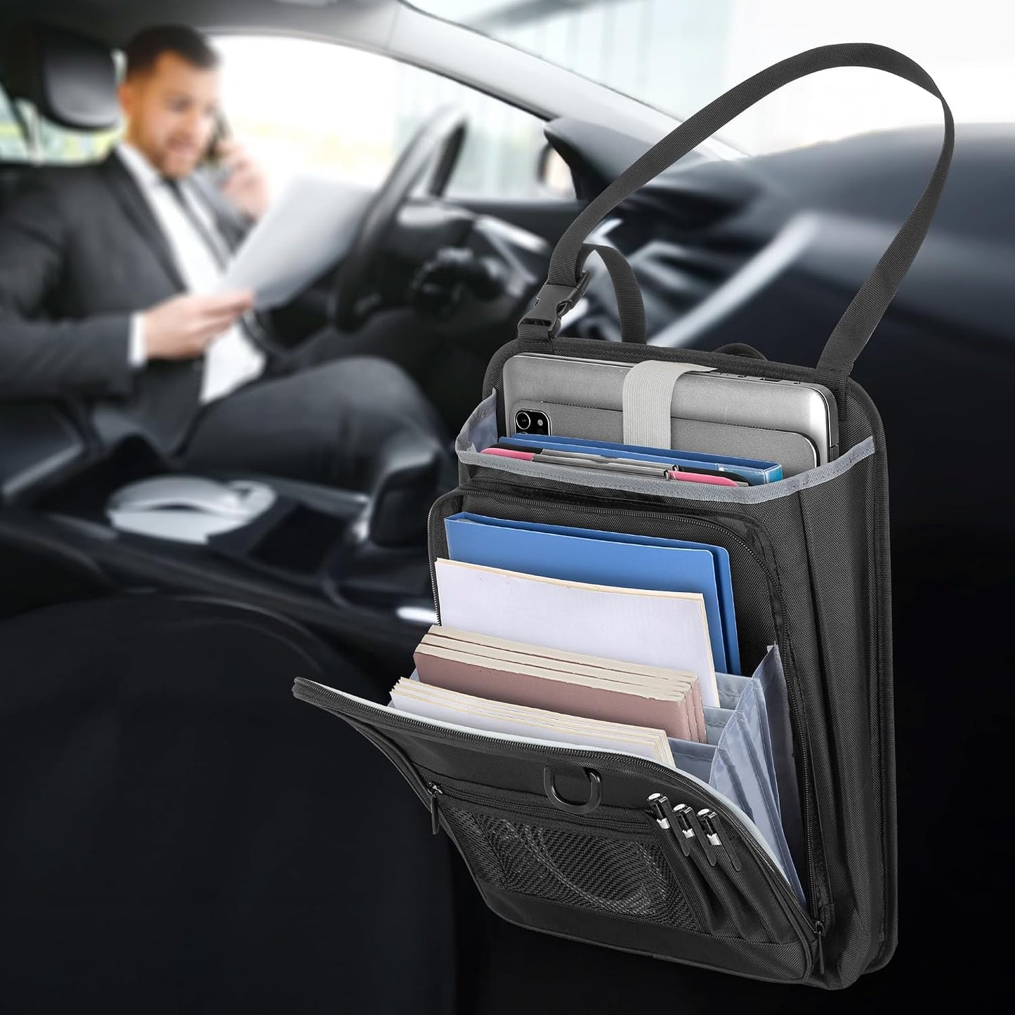 LUXJA Car Front Seat Organizer with Accordion File Pocket, Passenger Seat Organizer with Laptop Sleeve (Up to 15.6 In) and Adjustable Strap, Black