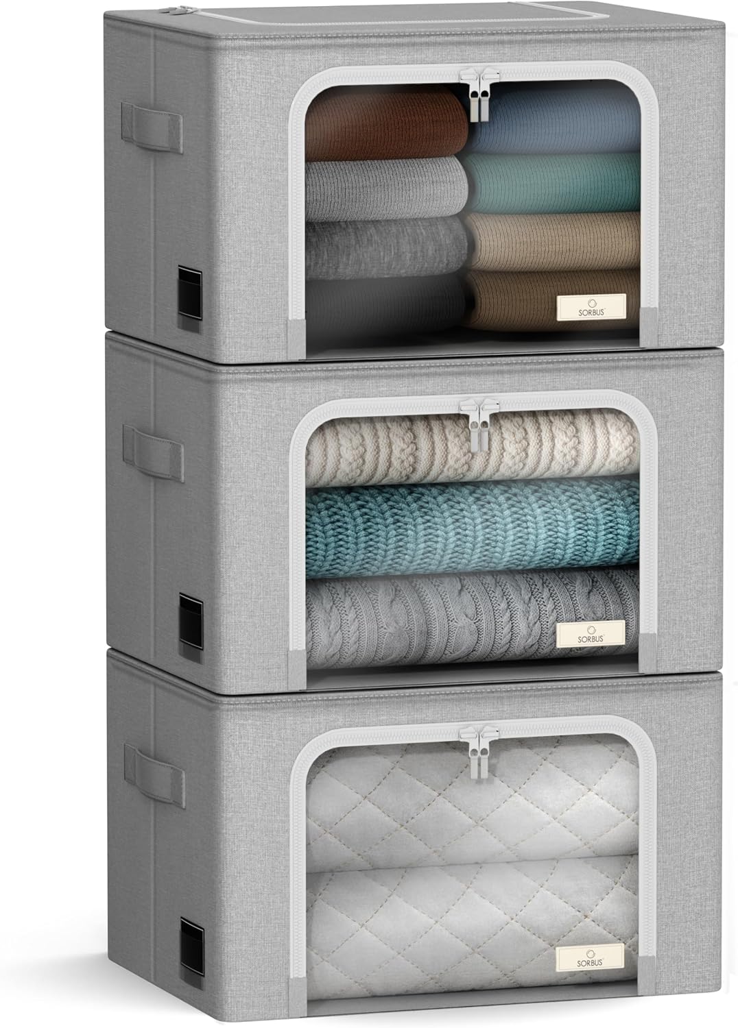 Sorbus Storage Bins with Metal Frame - Stackable &amp; Foldable Clothes Organizer Bags - Oxford Fabric Storage Containers with Large Clear Window &amp; Carry Handles Organization for Bedding Linen &amp; Clothing
