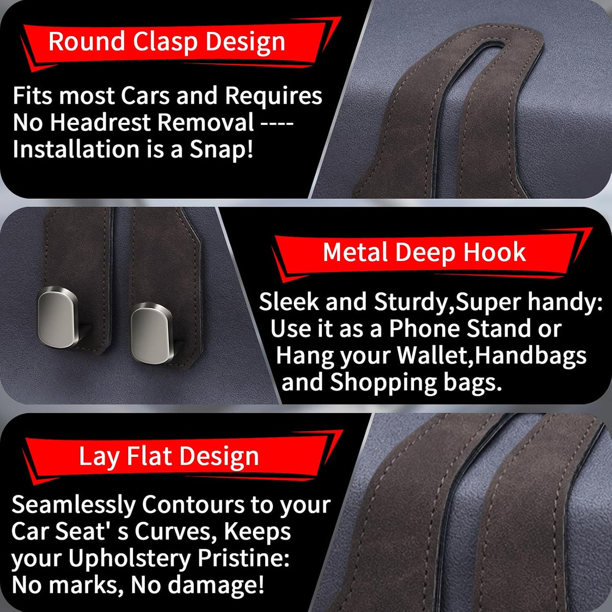 Car Purse Hook, Car Seat Headrest Hooks, Brown Leather 4 Pack