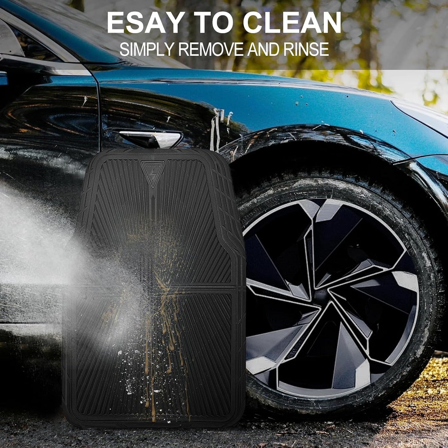 CAR PASS Rubber Car Floor Mats, All Weather Waterproof Car Mats, Universal Trim to Fit for Automotive, SUVs, Trucks, Vehicles, Anti-Slip Easy Clean, Heavy Duty Full Set 4 Piece, Black