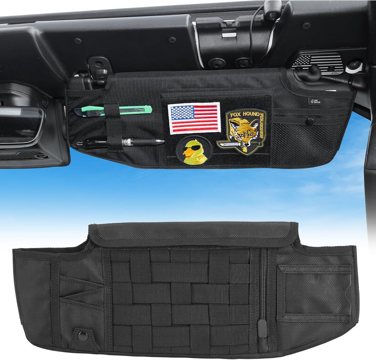 JOYTUTUS Sun Visor Organizer Compatible with 2018-2026 Wrangler JL & Gladiator JT, Driver's Side Front Tactical Visor Storage Cover Molle Webbing Visor Storage Holder Pouch, Multi-Pocket Net Zipper