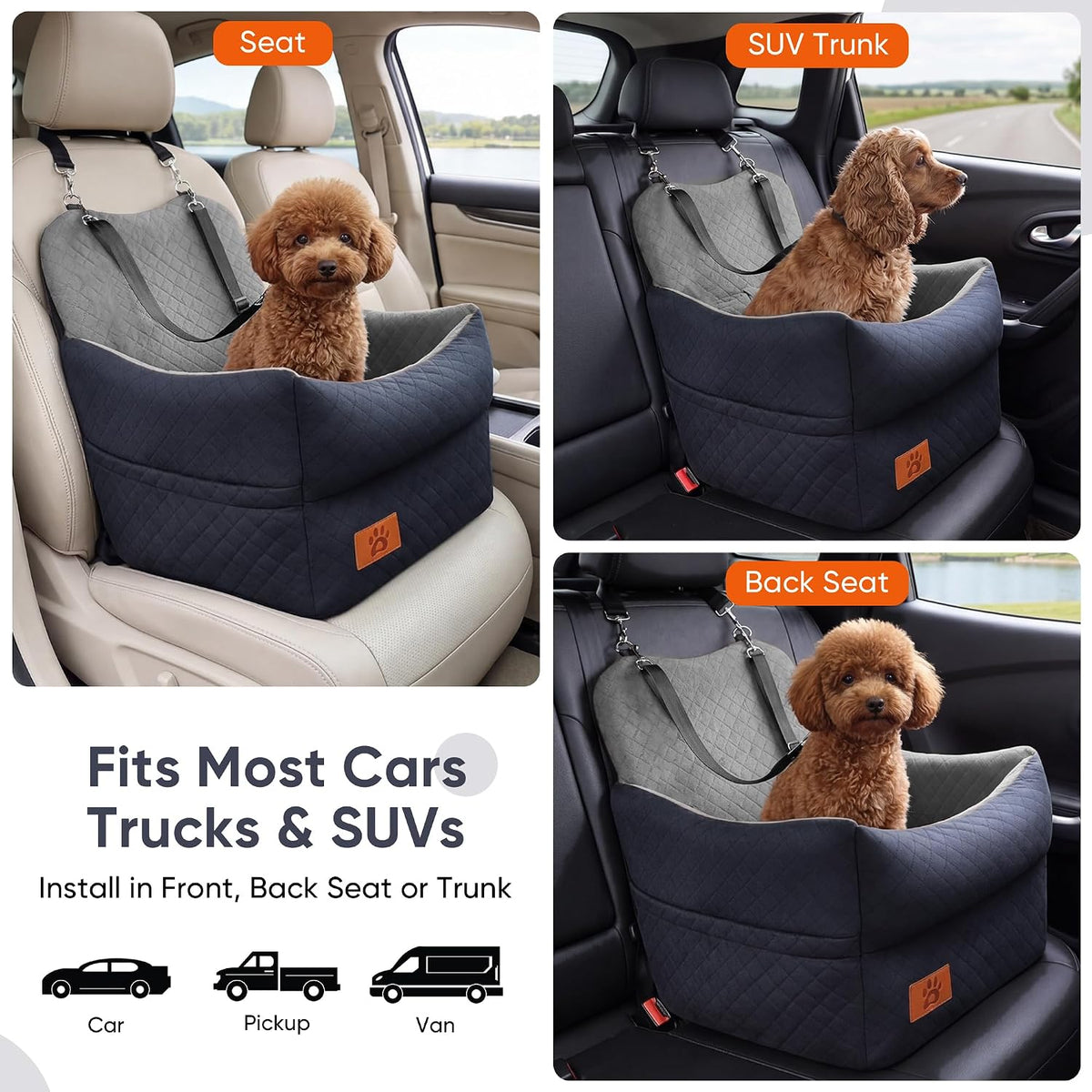 Elevated Dog Car Seat for Small & Medium Dogs Up to 35lbs - Washable Memory Foam Portable Dog Booster Seat, Senior & Puppy Pet Travel Bed for Car (Black/Grey)