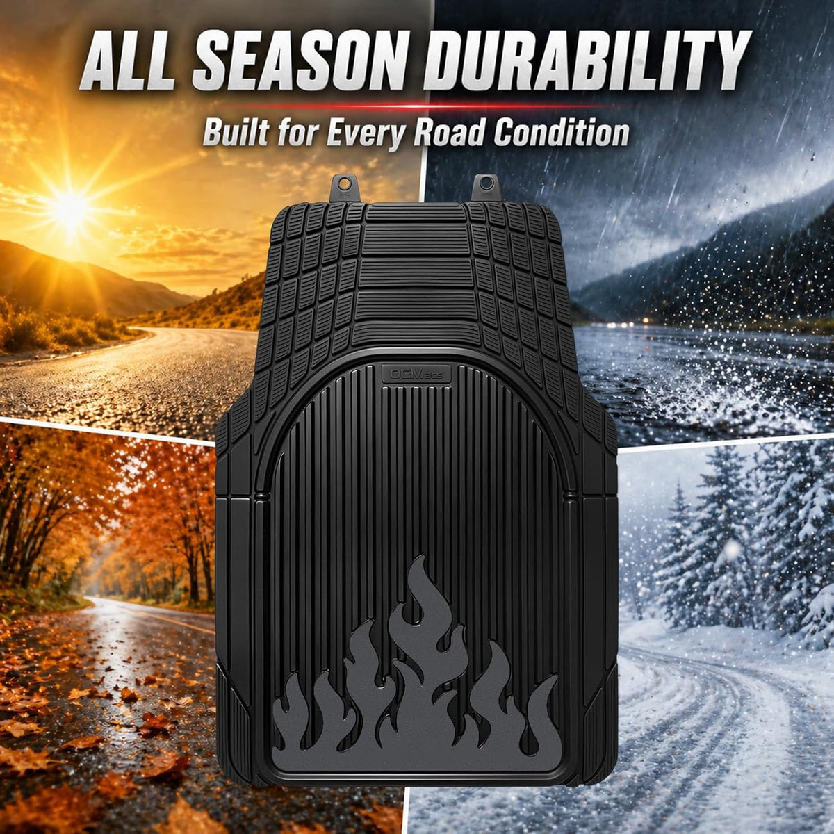 Heavy Duty Rubber Car Mats Flame Design (Graphite Gray), 4-Piece Deep Waterproof Floor Mats Set (Front & Rear Full Set), All Weather Universal Trim to Fit Automotive SUV Sedan Truck