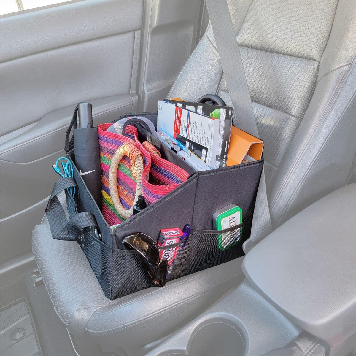 New Wider Tote Organizer, Collapsible with Elastic Strap for Easy Storage, Center Back Seat Container with Seat Belt Securing Loop. Tesla Accessories (Black XL Tote, 1 pack)
