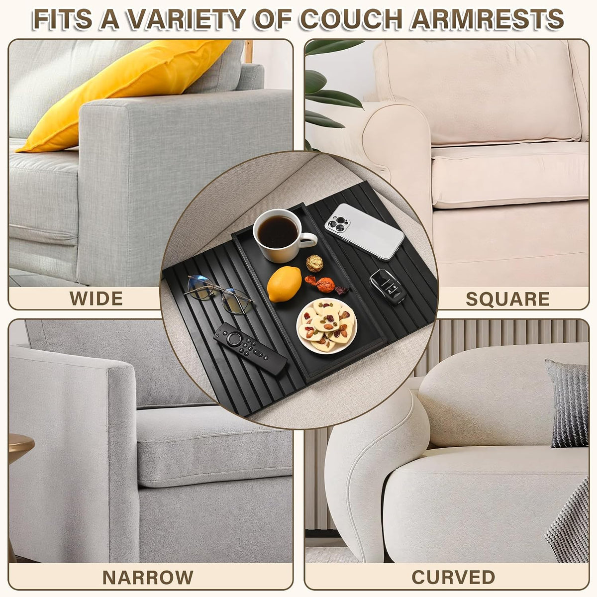 Bamboo Sofa Arm Tray, Anti-Dropping Couch Arm Tray, Foldable Sofa Armrest Tray Couch Arm Table for Eats, Drinks, Snacks, Remote, Cellphone, Cup Holder, Back Anti-Slip Pad Design