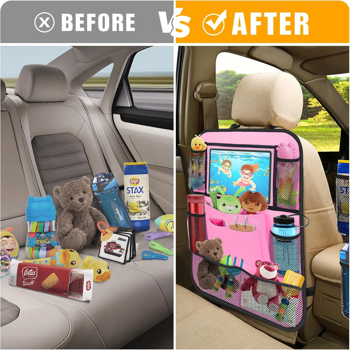 Backseat Car Organizer w/ 10 Storage Pockets, 11" Tablet Holder, 2 PCS Pink