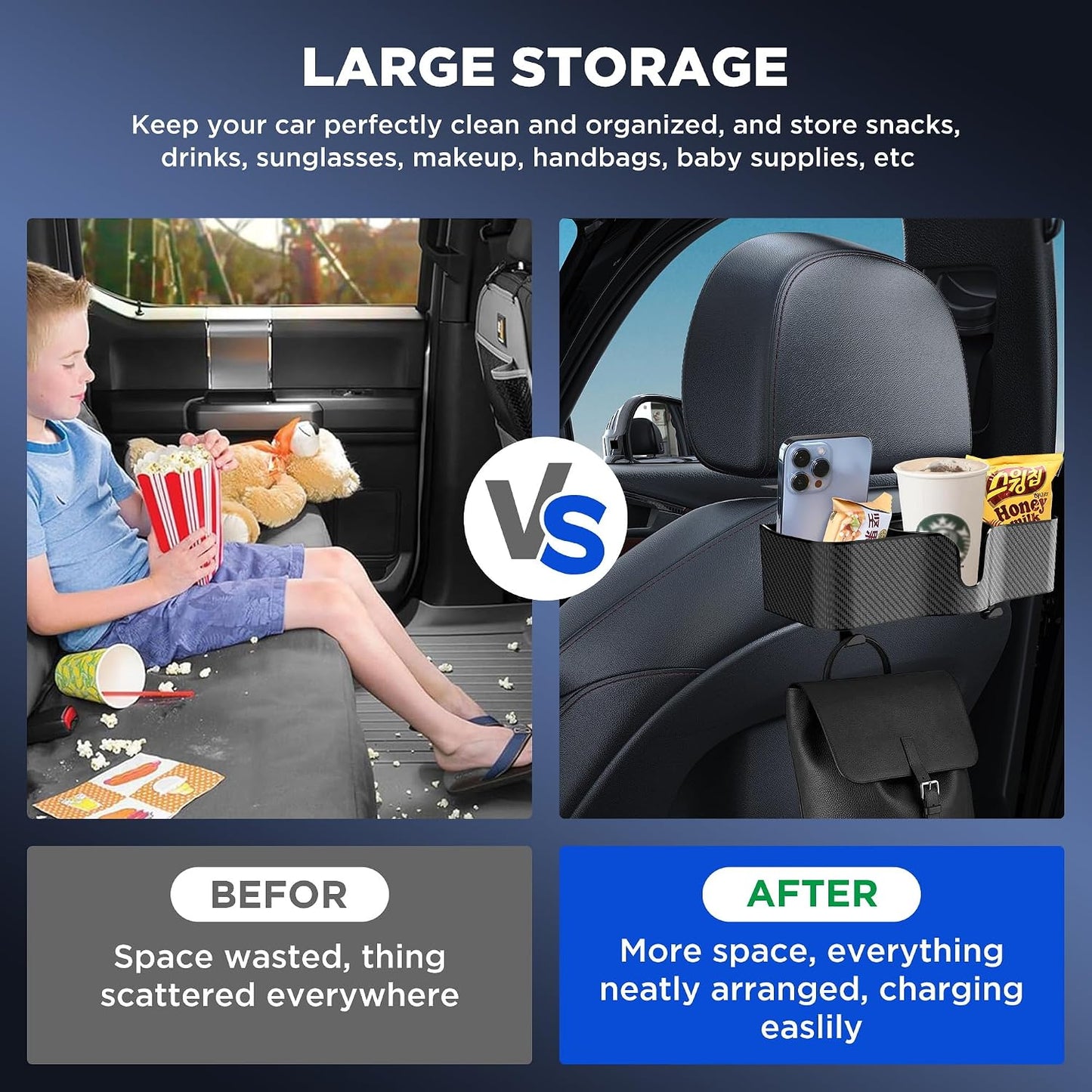 Car Headrest Backseat Organizer with Cup Holder, 3 in 1 Storage Box Organizer & Hooks for Car, for Hold Phone, Snacks, Drinks, Handbag, Compatible with Most Vehicles Black 2pcs